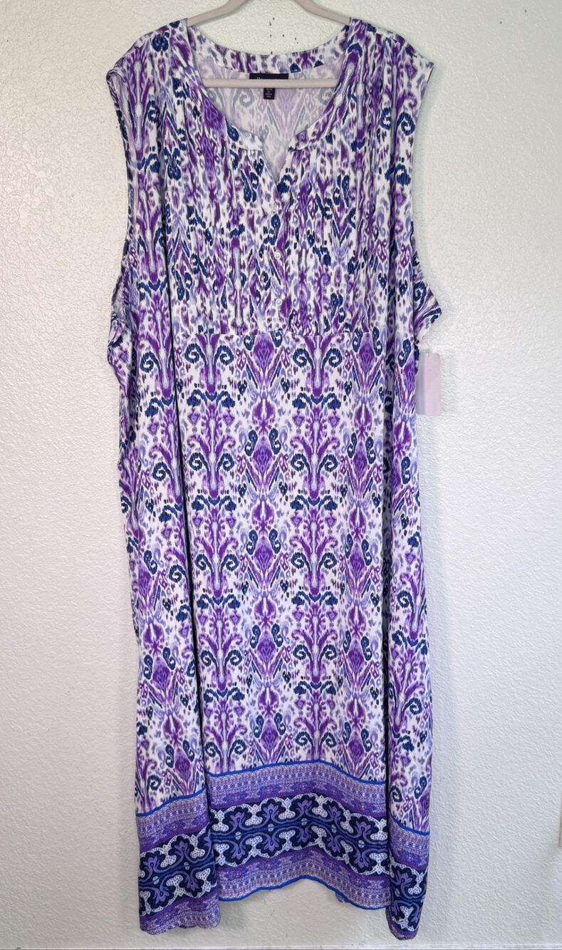 Roamans Dress Womens 5X Purple Paisley Boho Maxi Rayon Henley Sundress Plus NEW